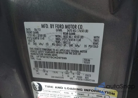 2012 Ford F-150 Xlt z USA, uszkodzony, nr VIN 1FTFW1ET5CKD97599